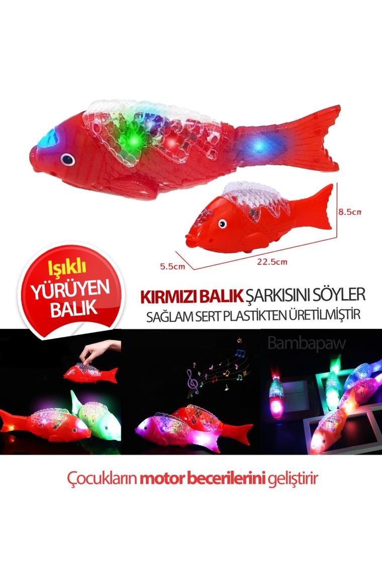 Neotan Kırmızı Balık Şarkılı Müzikli Işıklı Sesli Yürüyen Balık 23 cm Pilli Oyuncak Balık Canbays