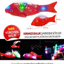 Neotan Kırmızı Balık Şarkılı Müzikli Işıklı Sesli Yürüyen Balık 23 cm Pilli Oyuncak Balık Canbays