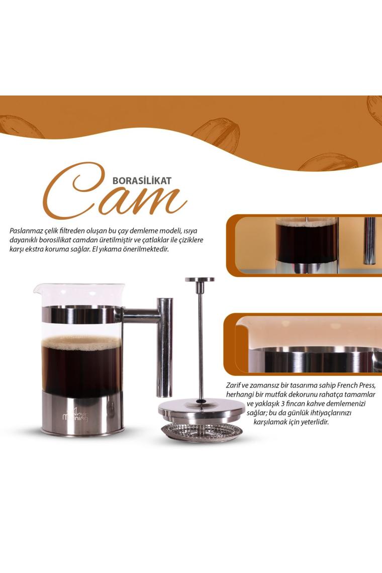 Ff110 Kahve Ve Bitki Çayı Için Paslanmaz Çelik French Press, Üç Katmanlı Filtre, 600 ml