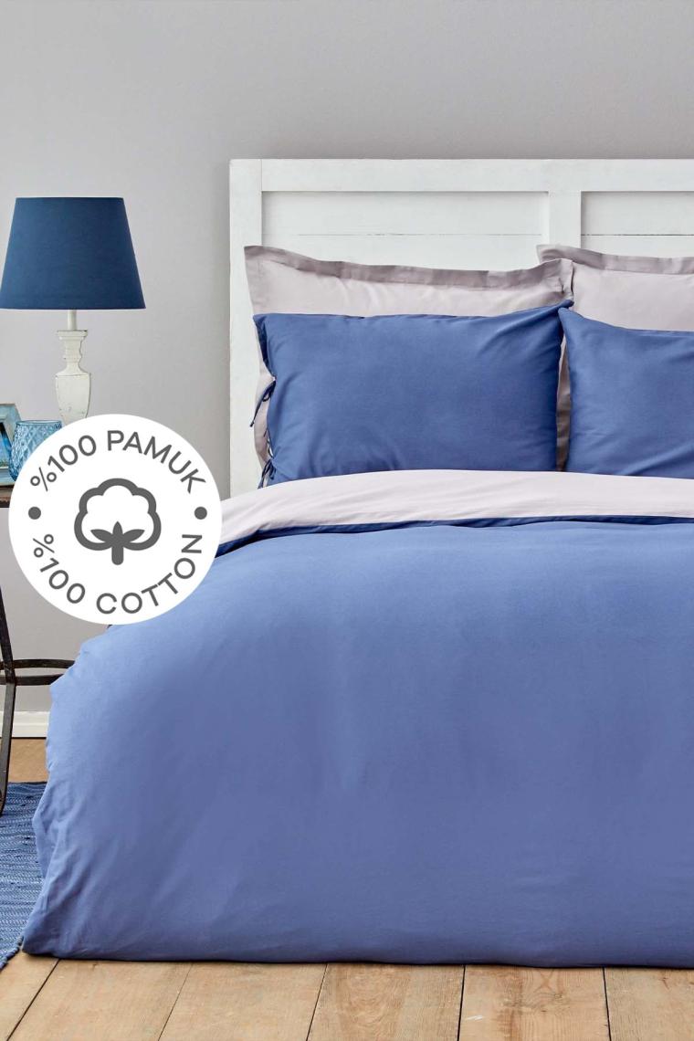 Basic Gri Indigo %100 Pamuk Çift Taraflı Çift Kişilik Nevresim Takımı