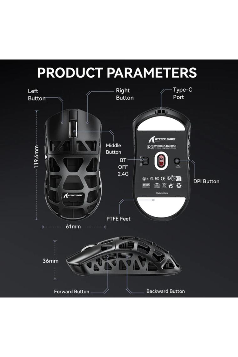 Attack Shark R3 Magnezyum Alaşımlı App Uygulamalı 8khz Ultra Hız Tepki 26.000DPI Gaming Oyuncu Mouse