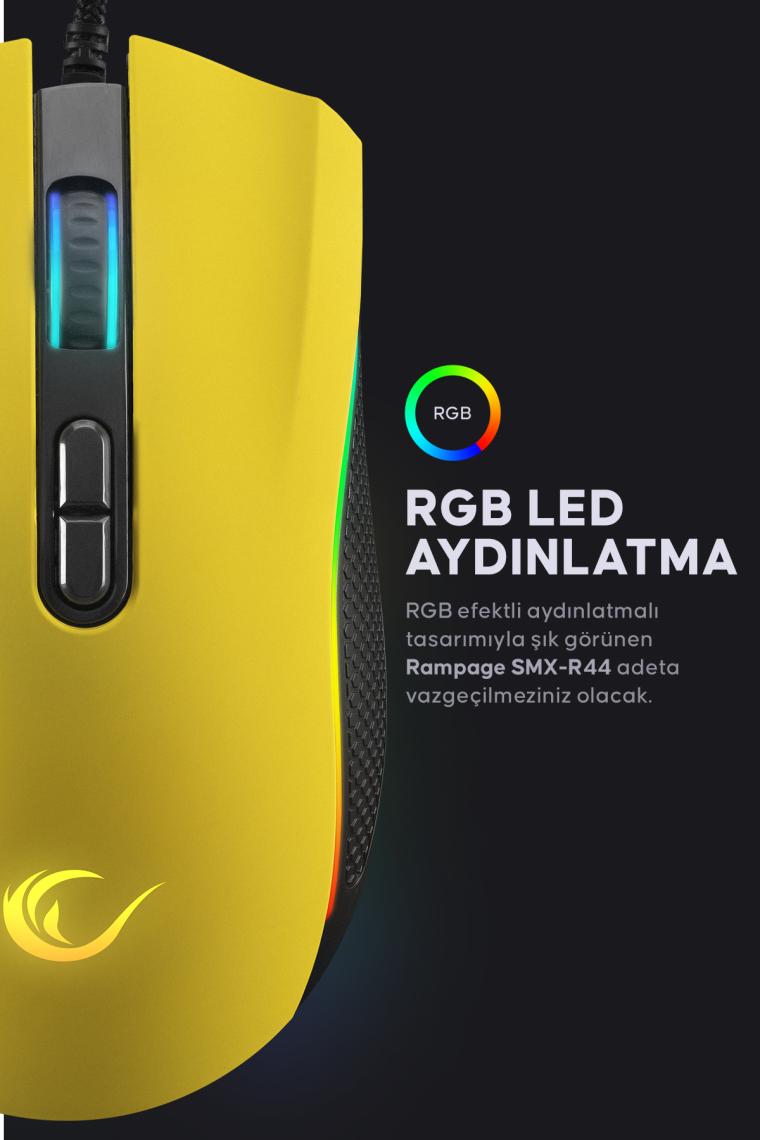 Rampage SMX-R44 Makrolu 6400DPI RGB Ledli Oyuncu Mouse - Sarı