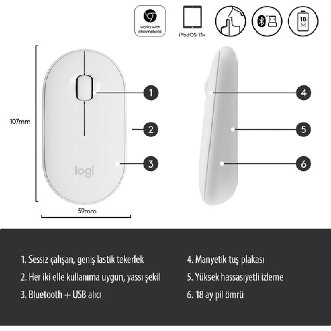 Logitech M350 Pebble Sessiz Kablosuz Kompakt Mouse - Beyaz