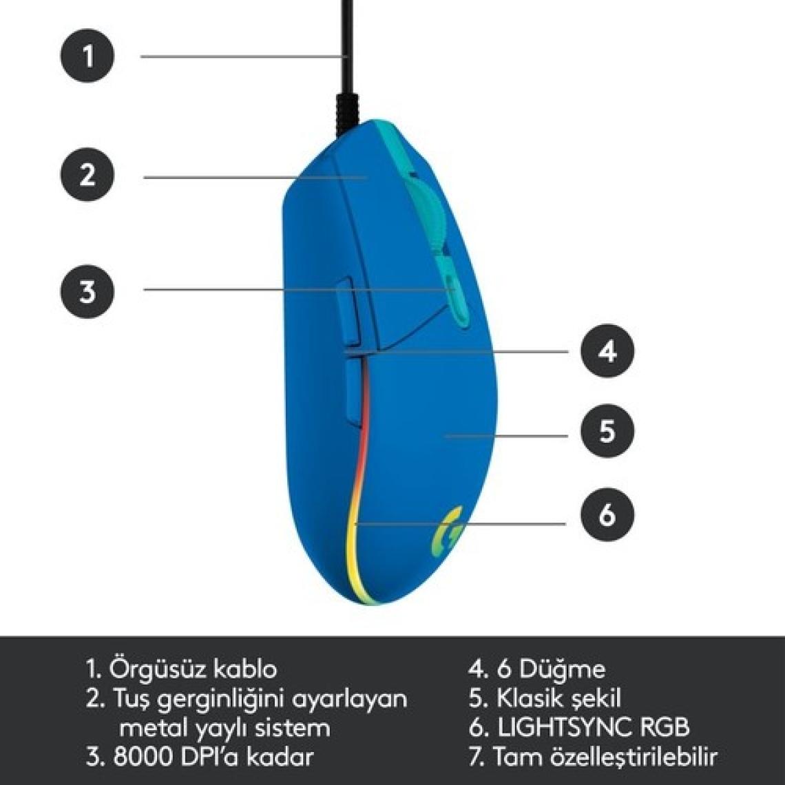 Logitech G102 Lightsync Kablolu Optik Oyuncu Mouse Mavi