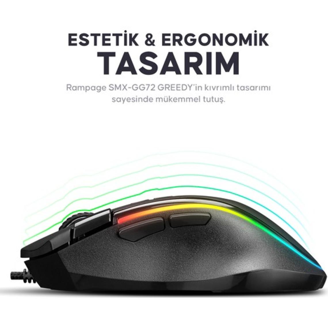 Rampage SMX-G72 GREEDY 8 Tuşlu Double Click Real RGB Ledli Makrolu 7200dpi Gaming Oyuncu Mouse