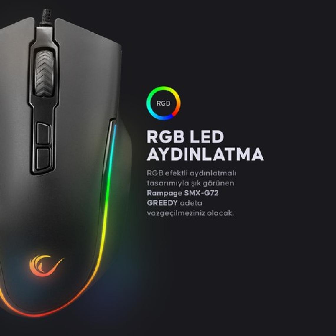 Rampage SMX-G72 GREEDY 8 Tuşlu Double Click Real RGB Ledli Makrolu 7200dpi Gaming Oyuncu Mouse