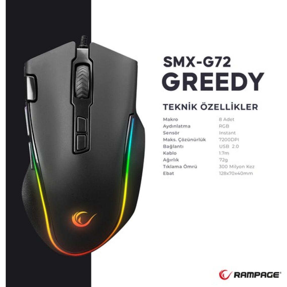 Rampage SMX-G72 GREEDY 8 Tuşlu Double Click Real RGB Ledli Makrolu 7200dpi Gaming Oyuncu Mouse