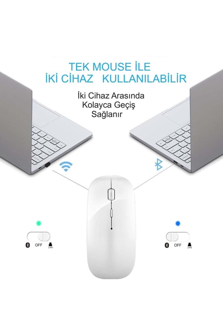 Hymark Sessiz Tıklama Şarjlı Çift Modlu Bluetooth Kablosuz 2.4ghz Beyaz Mouse