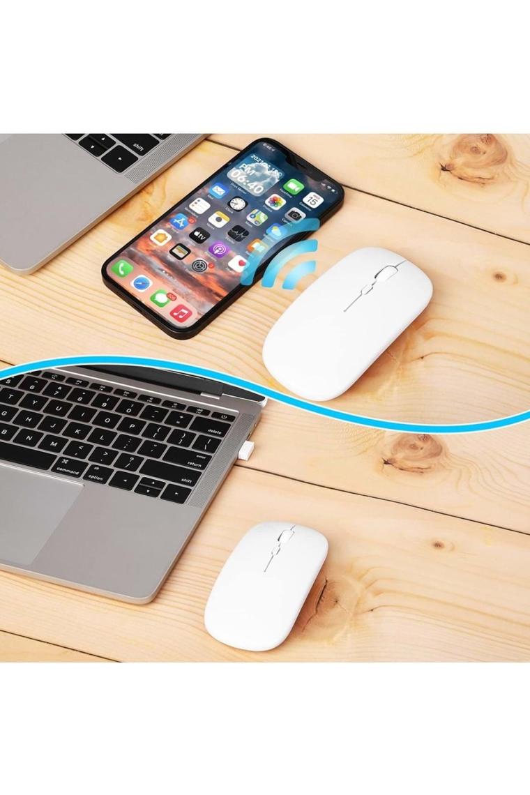 Hymark Sessiz Tıklama Şarjlı Çift Modlu Bluetooth Kablosuz 2.4ghz Beyaz Mouse