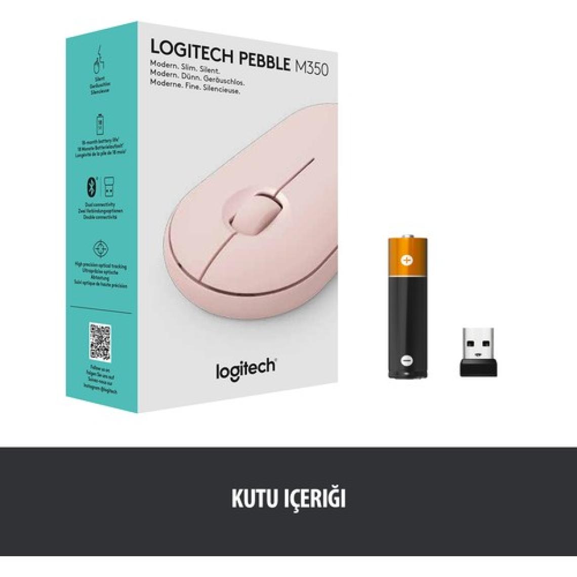 Logitech M350 Pebble Sessiz Kablosuz Kompakt Mouse - Pembe