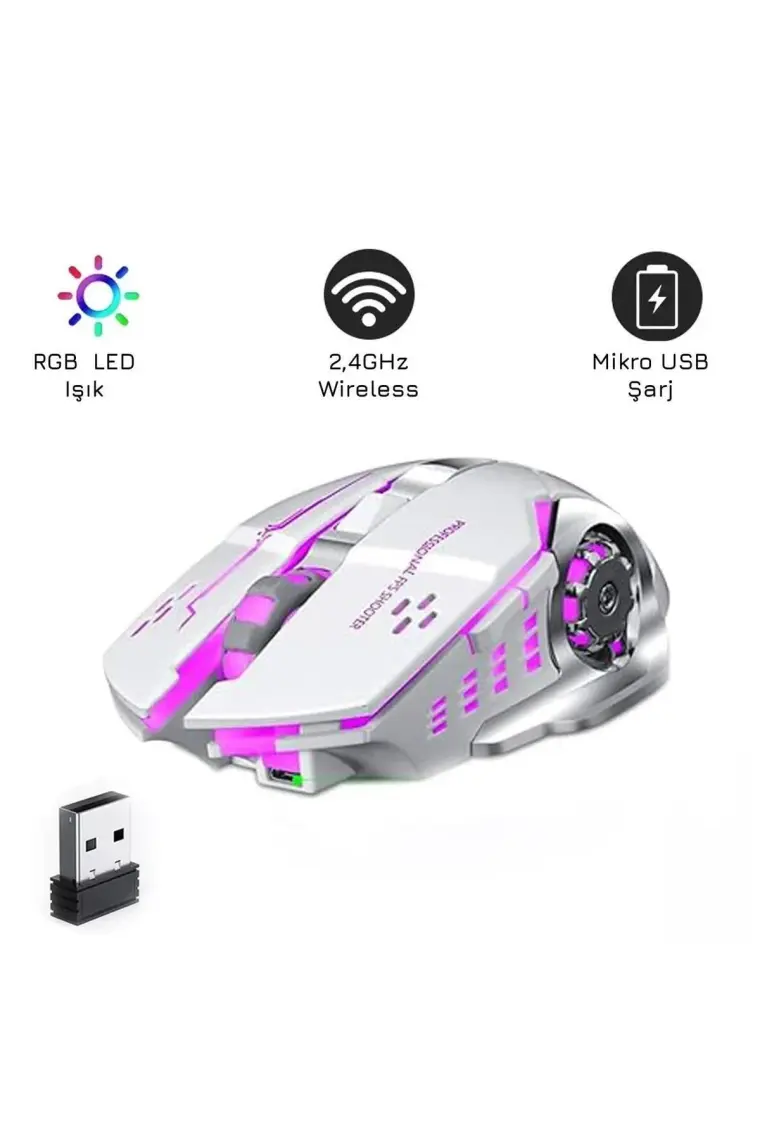 Upway TW-Q13 Kablosuz Sessiz Rgb LED Işıklı Şarjlı Ergonomik 2400DPI Gaming Mouse Beyaz