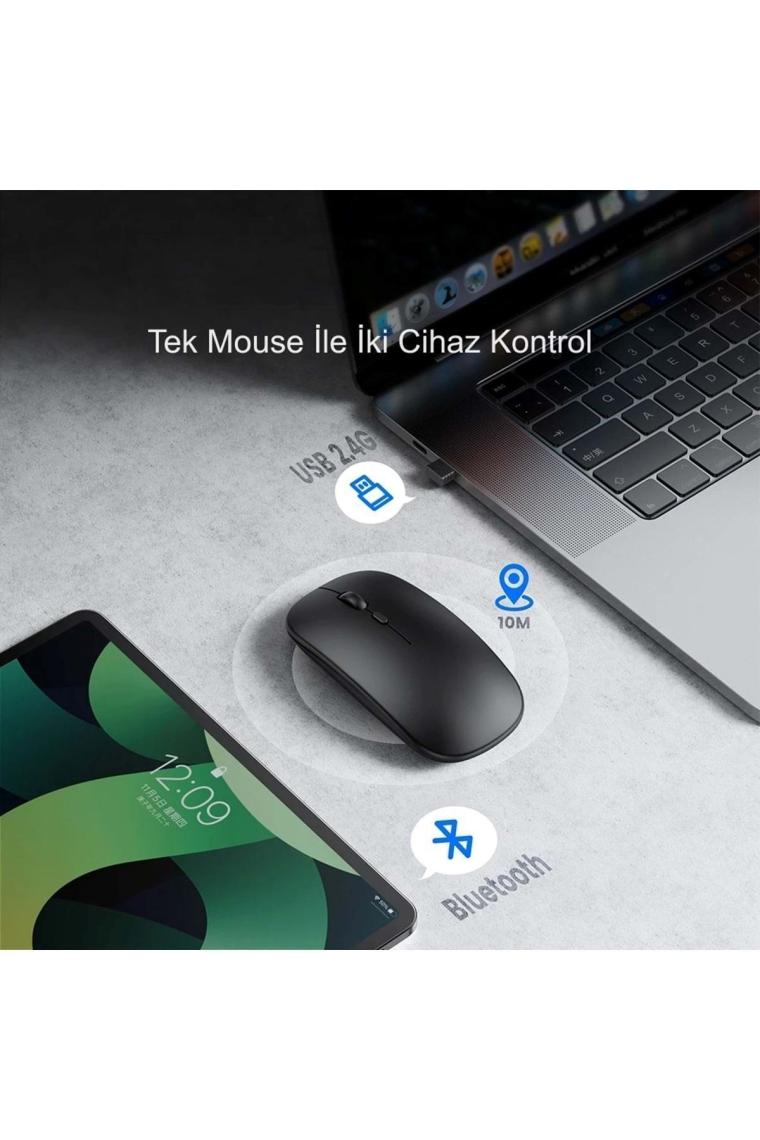 Hymark Sessiz Tıklama Şarjlı Çift Modlu Bluetooth Kablosuz 2.4ghz Siyah Mouse