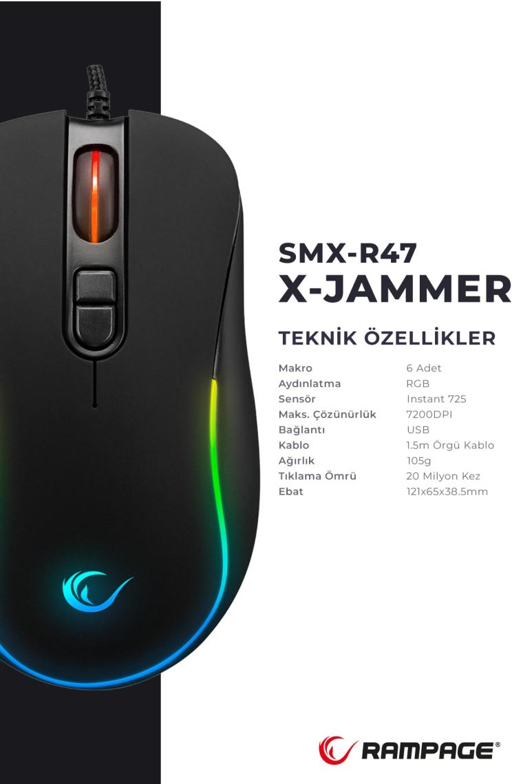 Smx-r47 X-jammer Usb Rgb Mouse Drag Click 7200 Dpi Gaming Mouse Oyuncu Mouse Makrolu Örgü Kablo