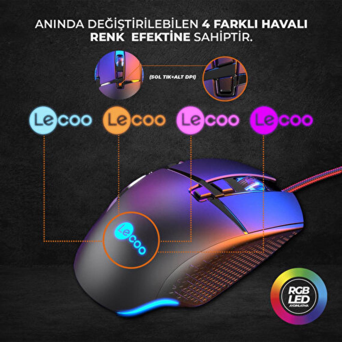 Lenovo Lecoo MG1101 Kablolu RGB LED Aydınlatmalı 6400DPI 8 Tuşlu Gaming Mouse Siyah