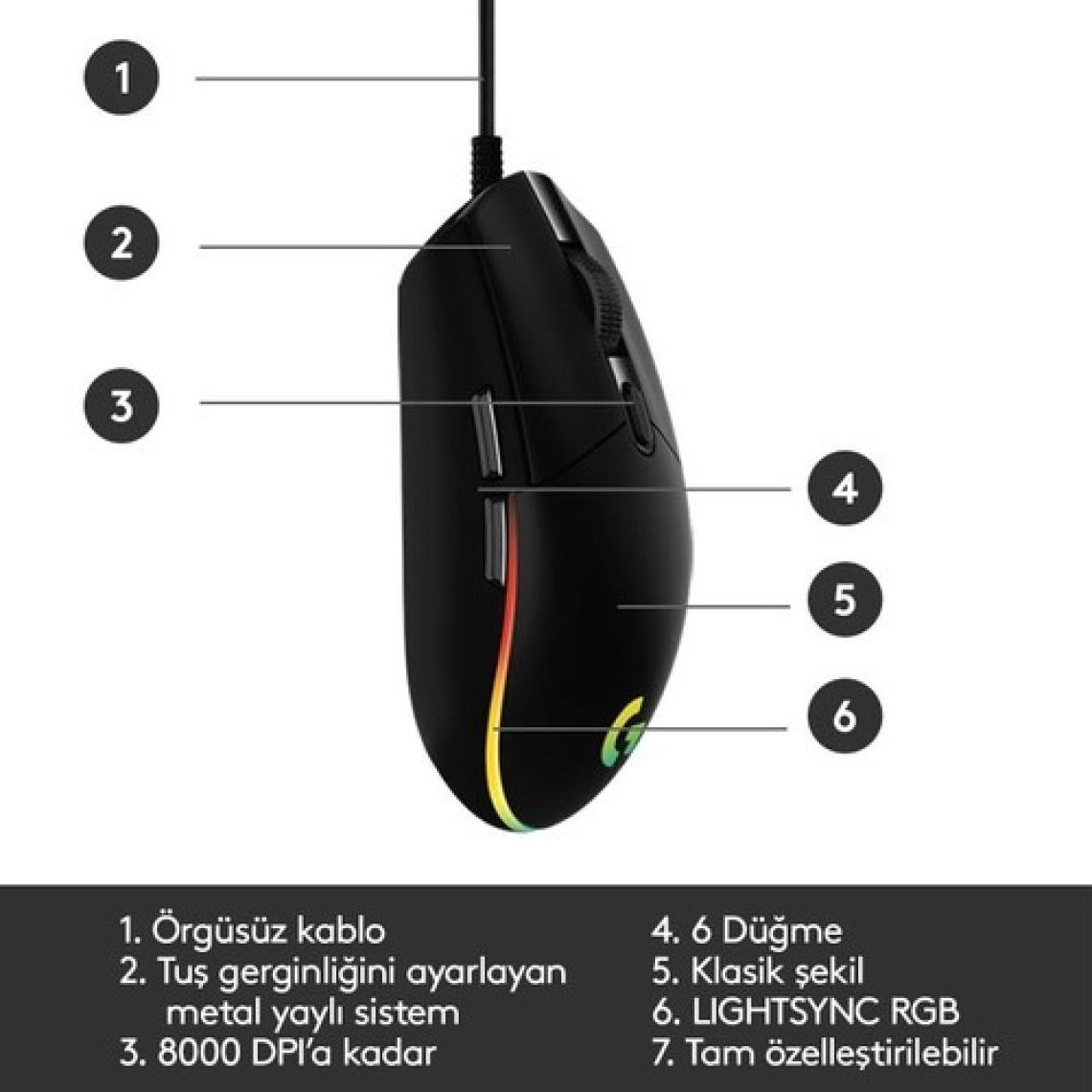 Logitech G102 Lightsync Kablolu Optik Oyuncu Mouse Siyah