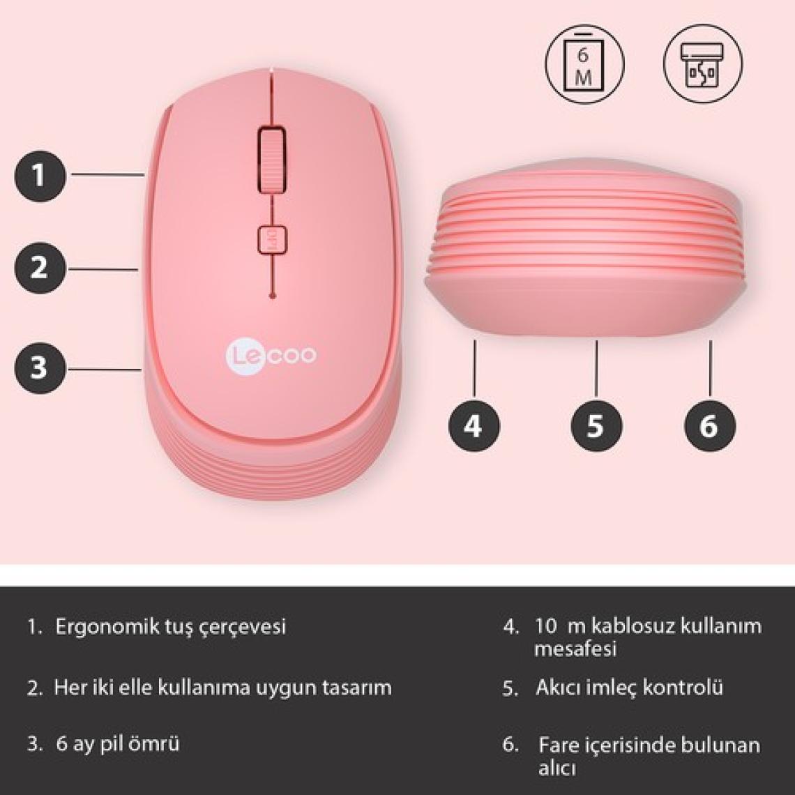 Lecoo WS202 Kablosuz 1200DPI 4 Tuşlu Optik Mouse Pembe