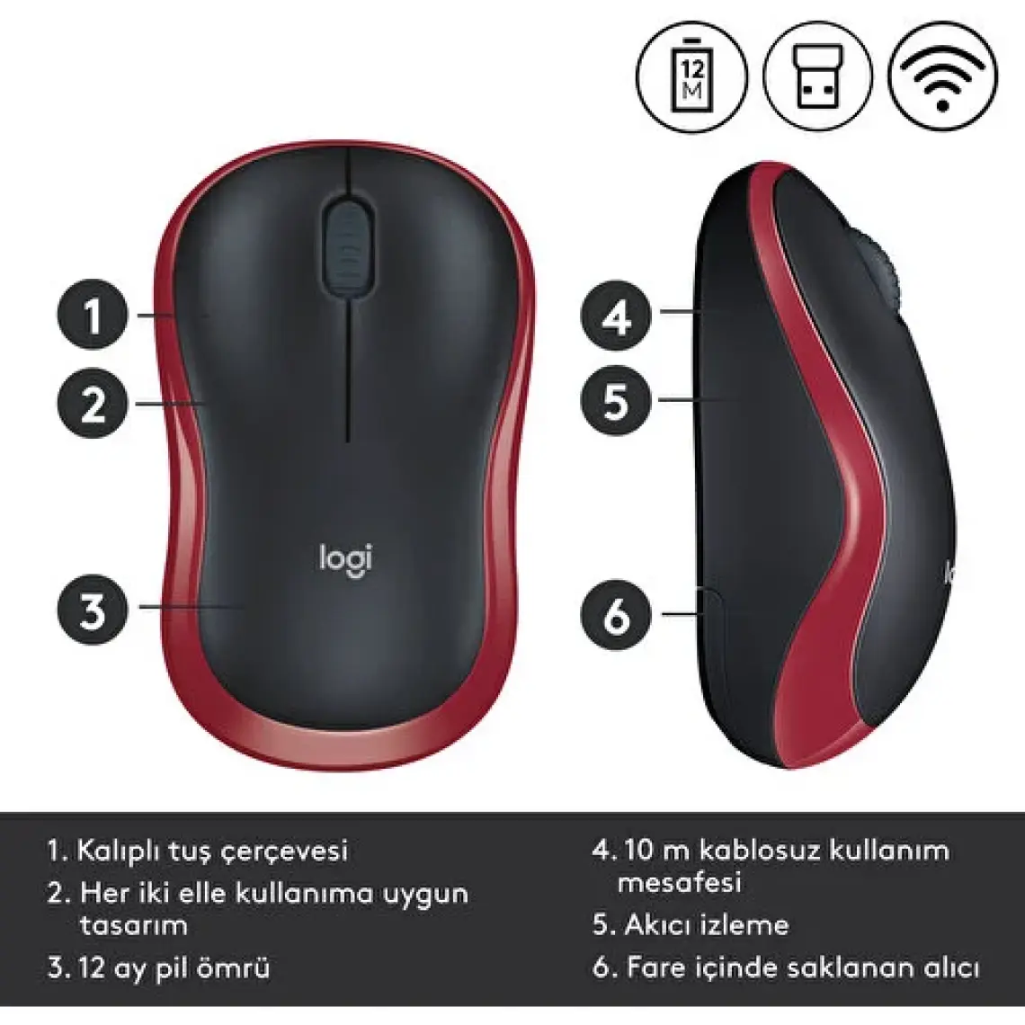 Logitech M185 Kırmızı 910-002237 Wireless Optik Mouse