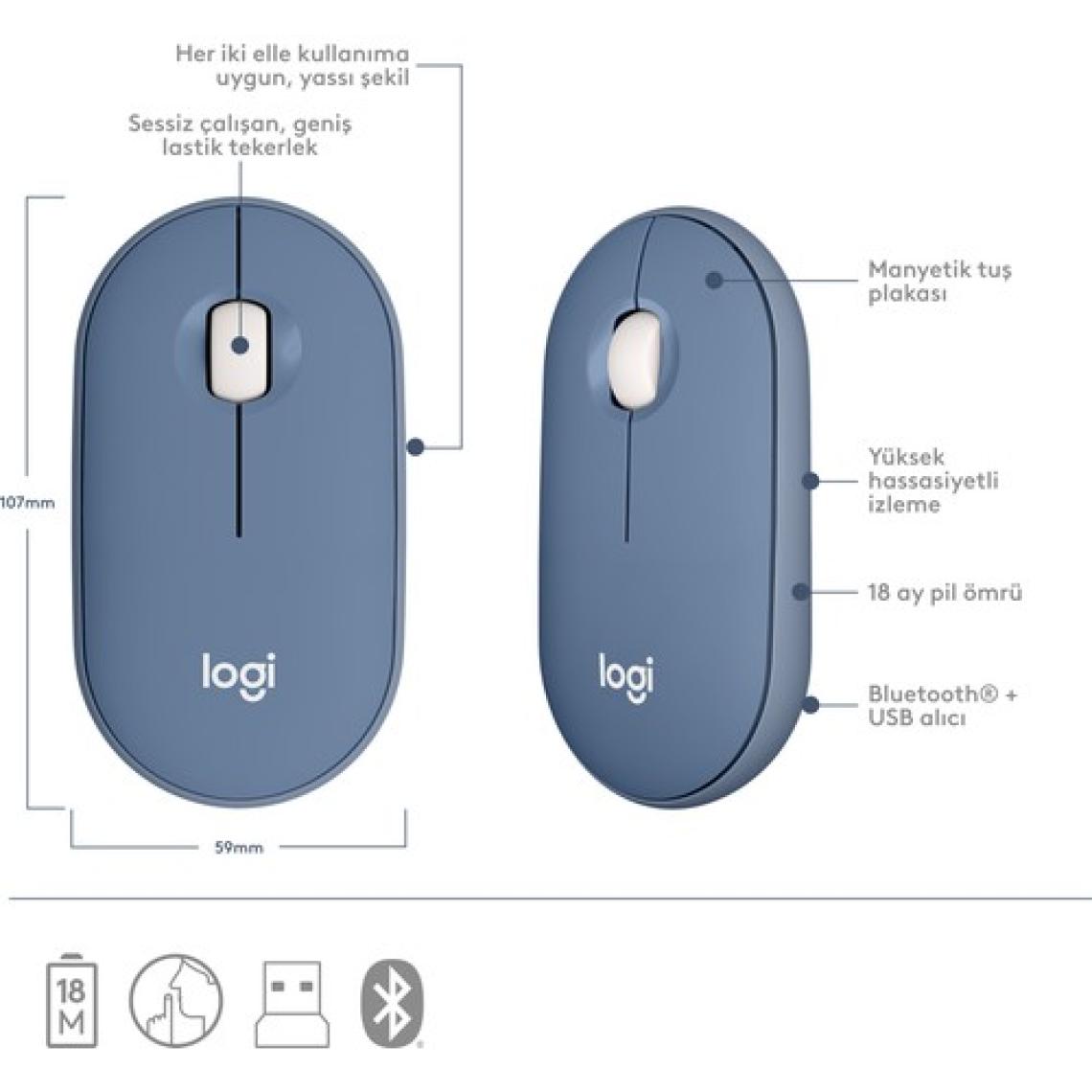 Logitech M350 Pebble Mac Için Sessiz Kablosuz Kompakt Mouse - Uzay Mavisi