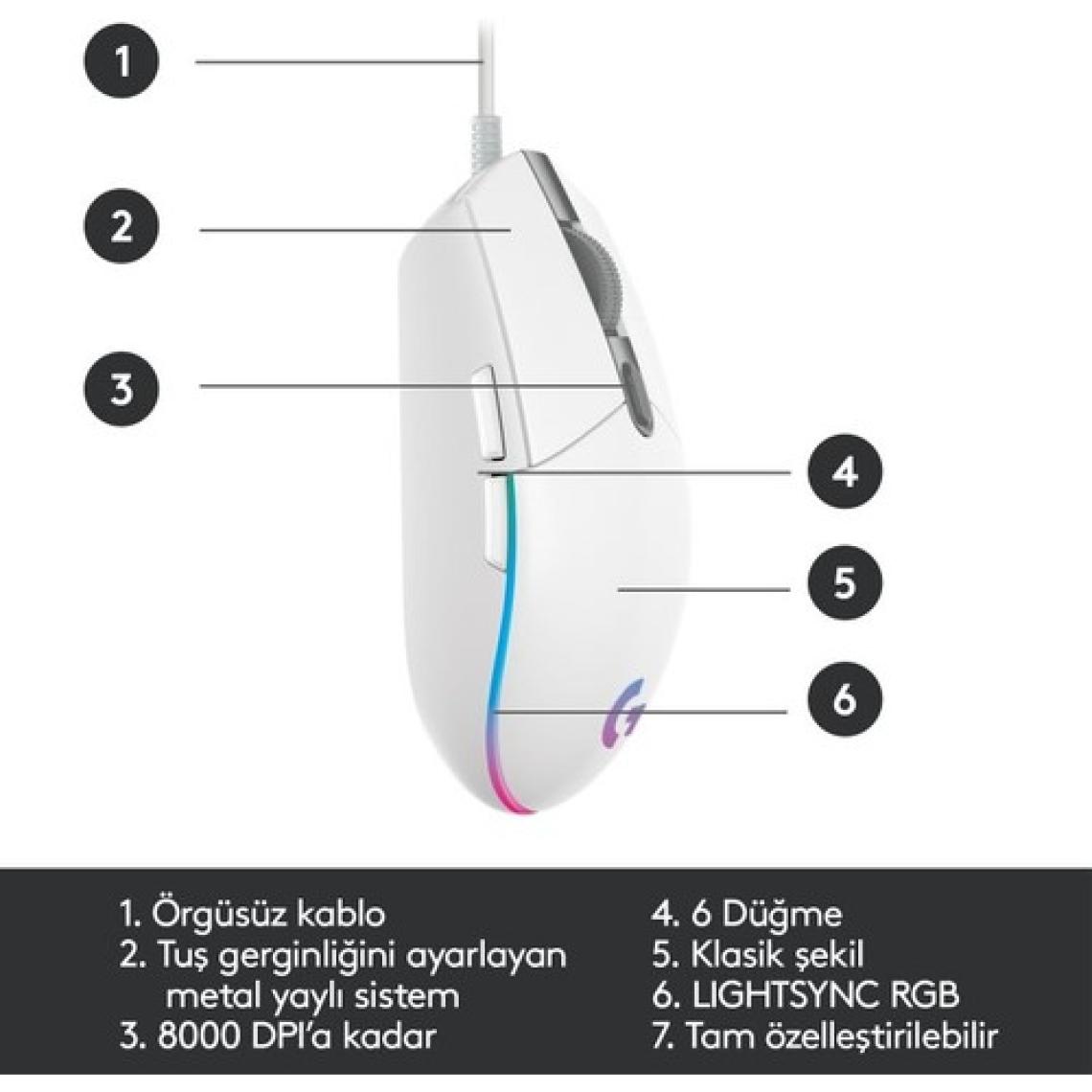 Logitech G102 Lightsync Kablolu Optik Oyuncu Mouse Beyaz