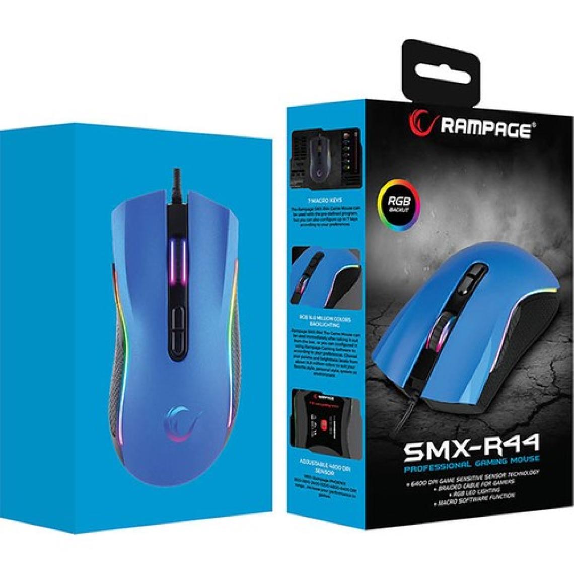 Rampage SMX-R44 Makrolu 6400DPI RGB Ledli Oyuncu Mouse - Mavi