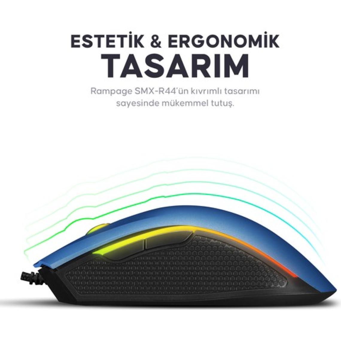 Rampage SMX-R44 Makrolu 6400DPI RGB Ledli Oyuncu Mouse - Mavi