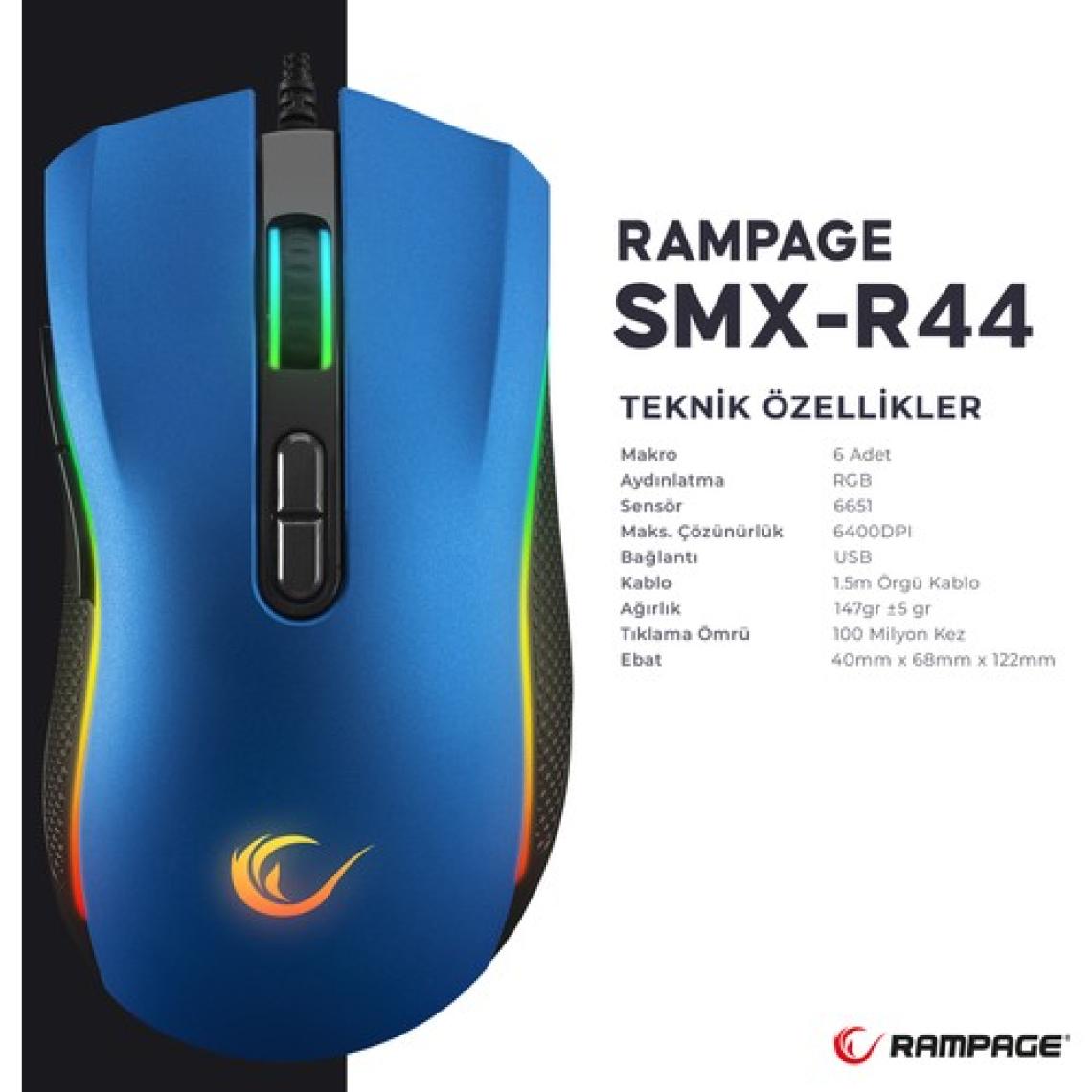 Rampage SMX-R44 Makrolu 6400DPI RGB Ledli Oyuncu Mouse - Mavi