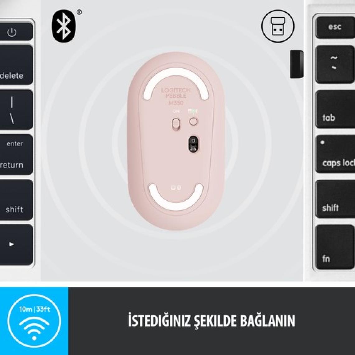 Logitech M350 Pebble Sessiz Kablosuz Kompakt Mouse - Pembe