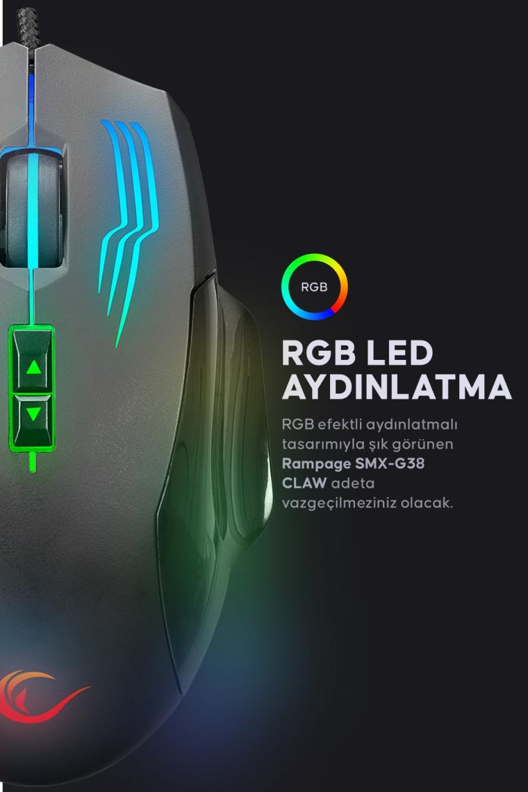 Smx-g38 Claw 7d Makro Tuşlu 7200dpi Rgb Ledli Drag Click Pro Gaming Oyuncu Mouse