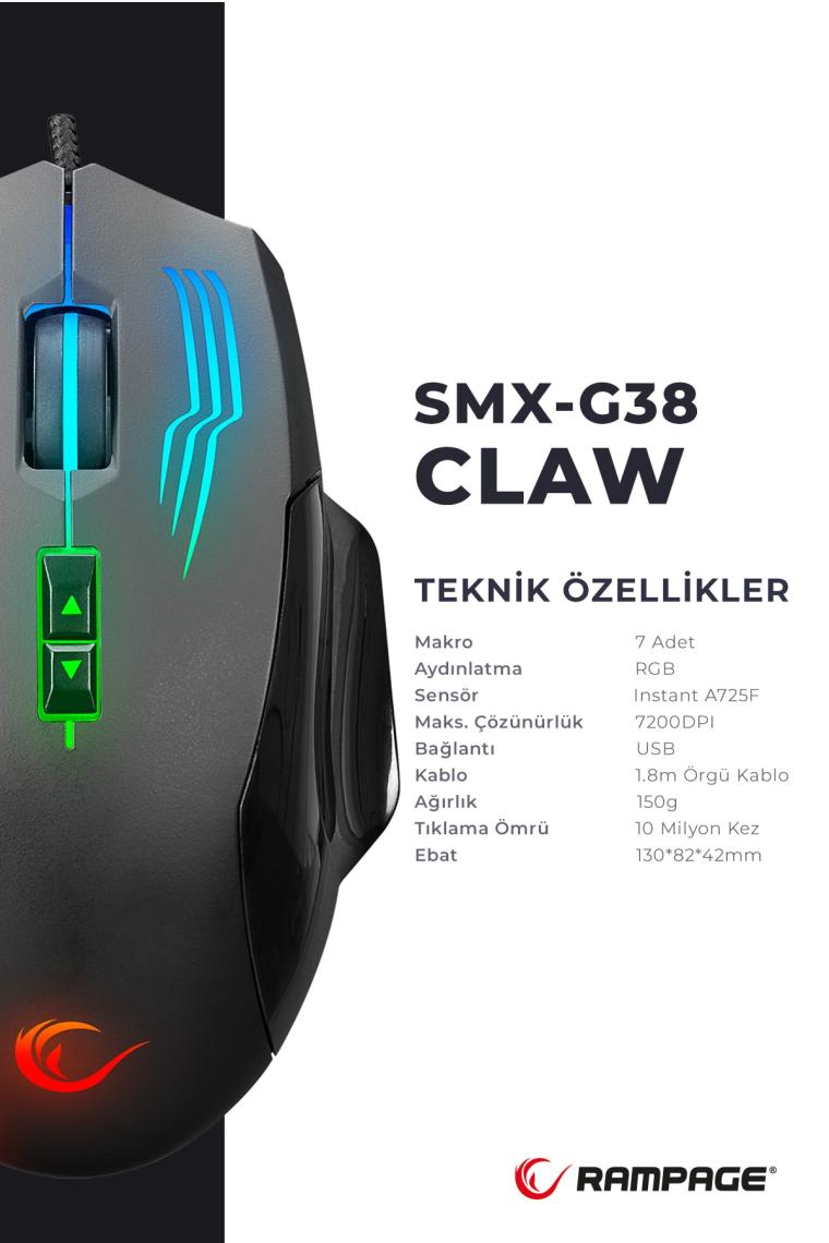 Smx-g38 Claw 7d Makro Tuşlu 7200dpi Rgb Ledli Drag Click Pro Gaming Oyuncu Mouse