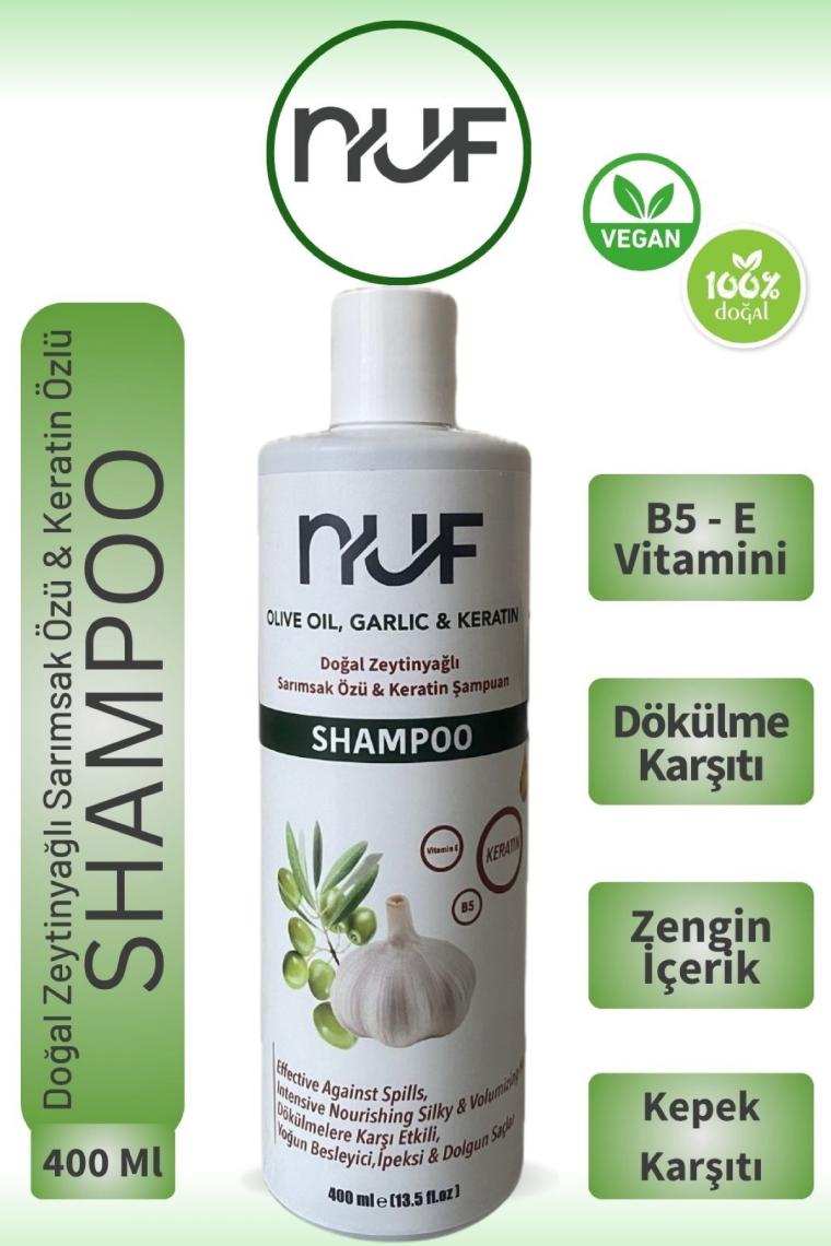 Nuf Kozmetik Nuf Doğal Zeytinyağlı, Keratinli ve Sarımsaklı Yetişkin Şampuan  400 ml