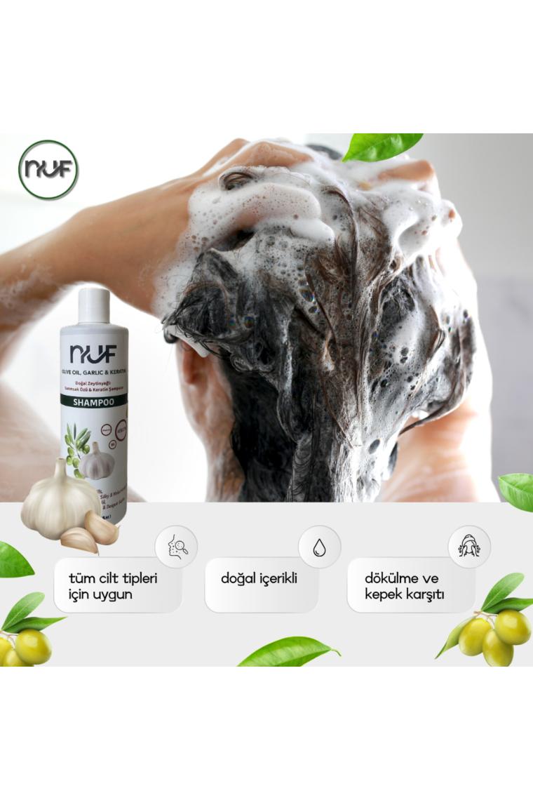 Nuf Kozmetik Nuf Doğal Zeytinyağlı, Keratinli ve Sarımsaklı Yetişkin Şampuan  400 ml