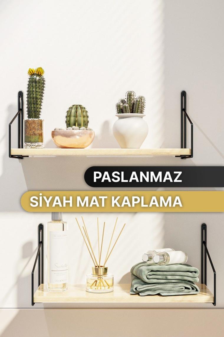 Raf Duvar Rafı Siyah Mat Boyalı Masif Ahşap Duvar Rafı 2li Set Lüks Dekoratif Banyo Mutfak Rafı