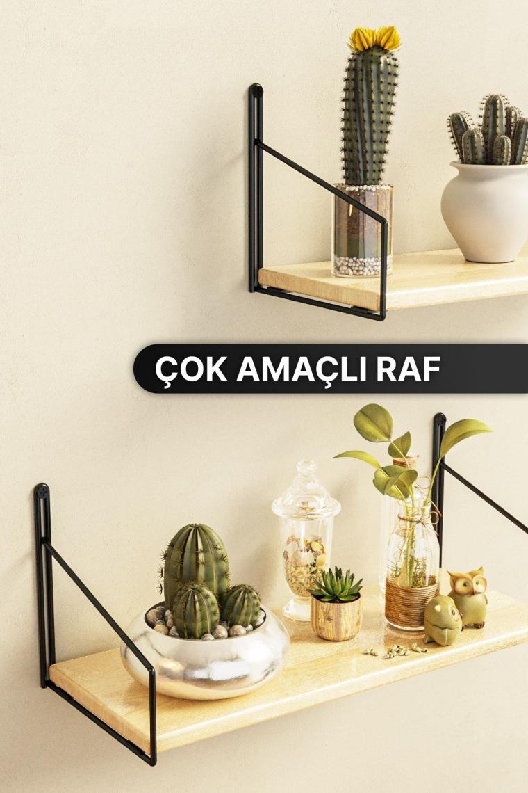Raf Duvar Rafı Siyah Mat Boyalı Masif Ahşap Duvar Rafı 2li Set Lüks Dekoratif Banyo Mutfak Rafı