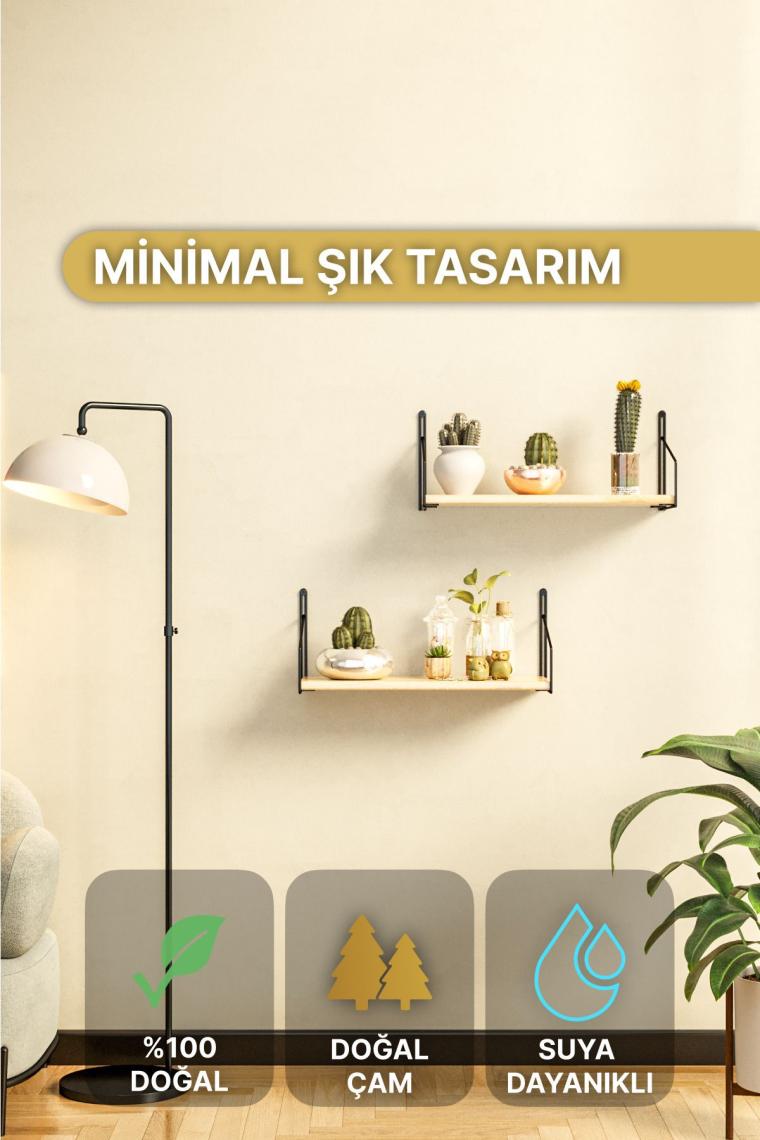 Raf Duvar Rafı Siyah Mat Boyalı Masif Ahşap Duvar Rafı 2li Set Lüks Dekoratif Banyo Mutfak Rafı