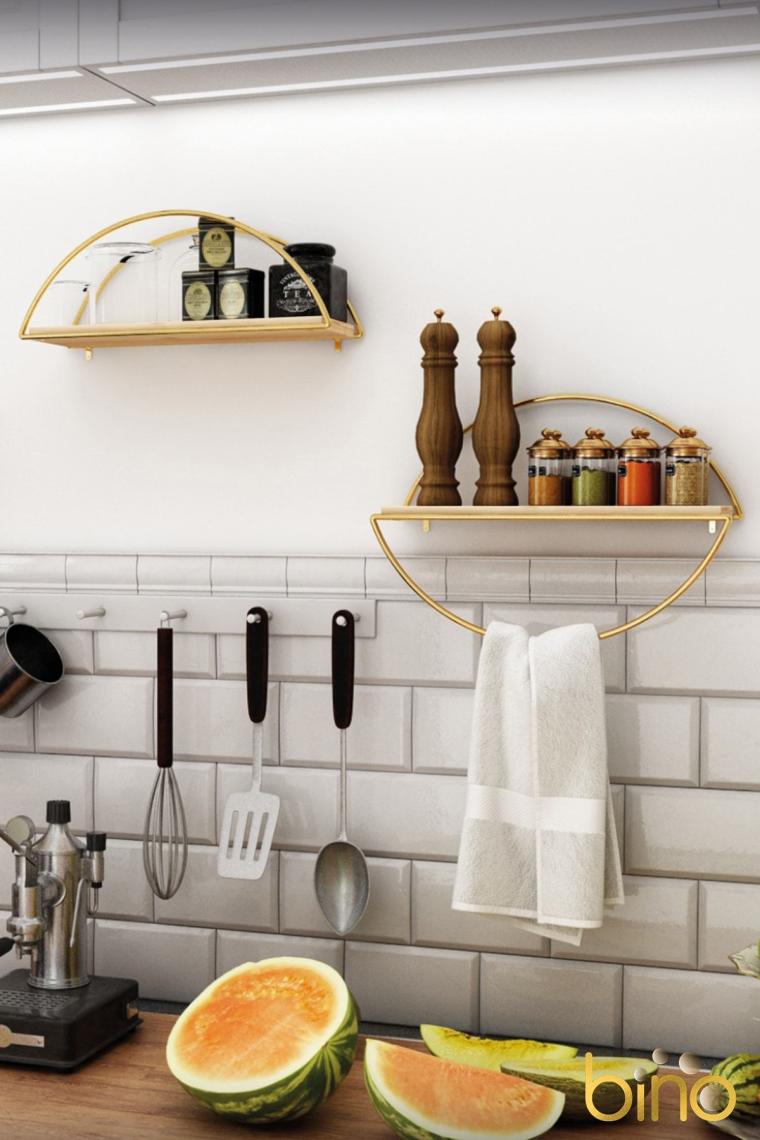Duvar Rafı Dekoratif Mutfak Banyo Altın Elips Kitaplık 2li Set