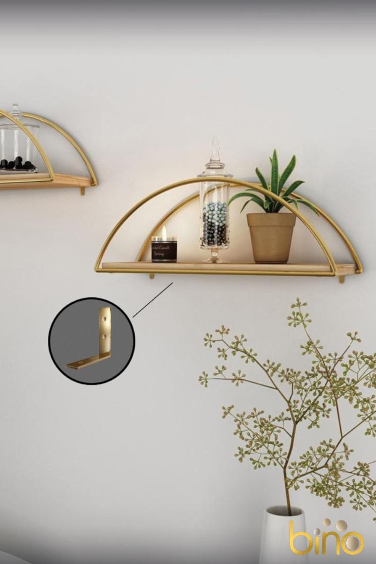 Duvar Rafı Dekoratif Mutfak Banyo Altın Elips Kitaplık 2li Set