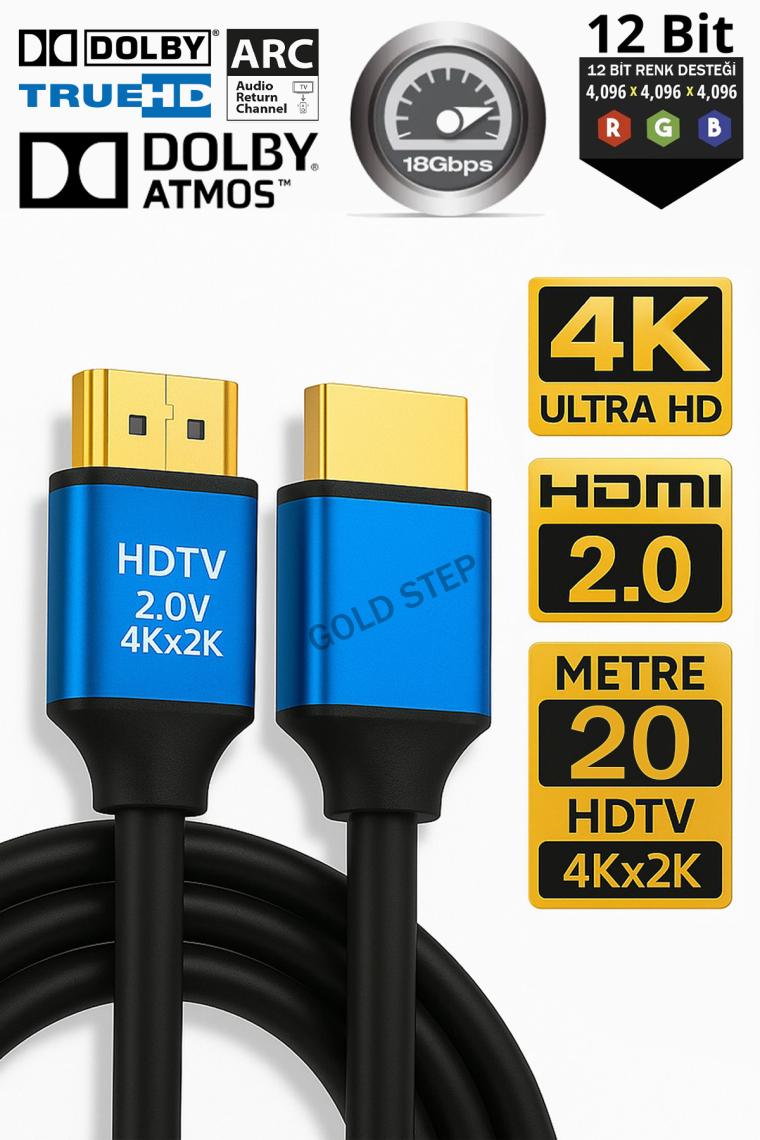Gfc Life Store Step 20 Metre 4K Ultra Hd 2.0V Alüminyum Başlık Altın Uçlu Hdmi Kablo