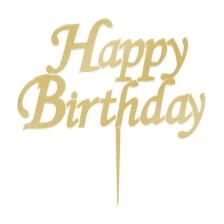 Altın Rengi Happy Birthday Yazılı Ayna Pleksi Pasta Üstü Süsü