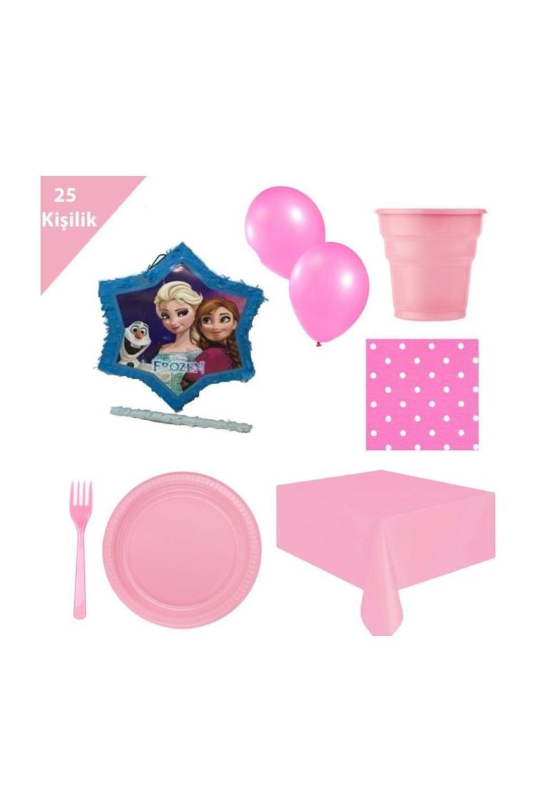 Elsa Pinyata ve 25 kişilik pembe parti malzemeleri doğum günü seti