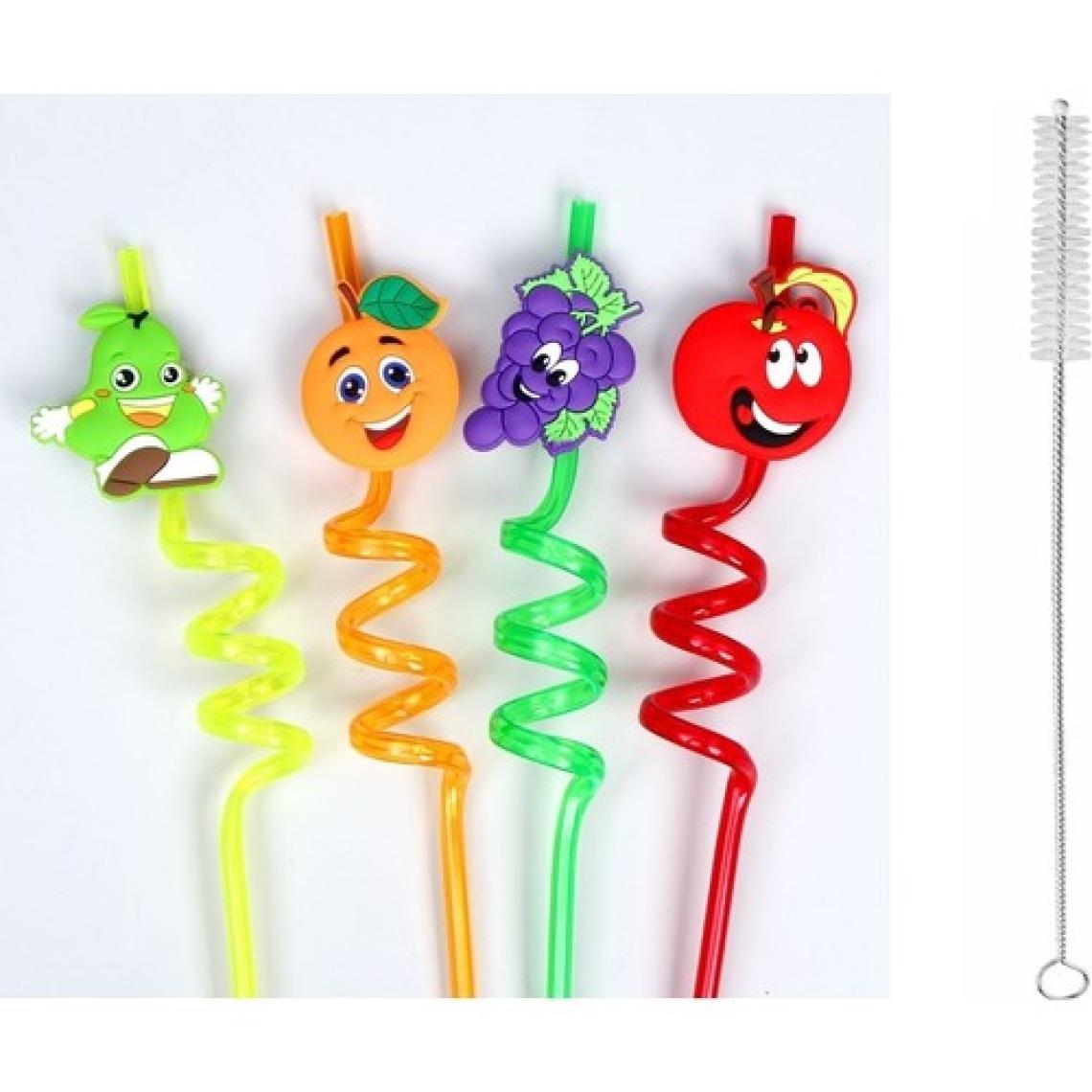 Melek Store  5 Parça Renkli Pipet Seti - Emojili Spiral Kokteyl- Çocuk Pipeti Temizleme Fırçalı