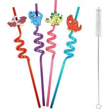 Melek Store  5 Parça Renkli Pipet Seti - Emojili Spiral Kokteyl- Çocuk Pipeti Temizleme Fırçalı