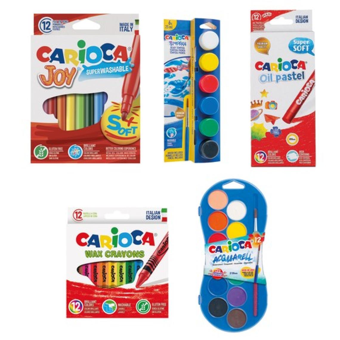 Carioca Okul Boyama Seti 5'li (Sulu Boya 12'li - Wax Crayon 12'li - Yağlı pastel 12'li- Joy Keçeli 12'li - Tempera Parmak Boya 6'lı + Fırçalı)
