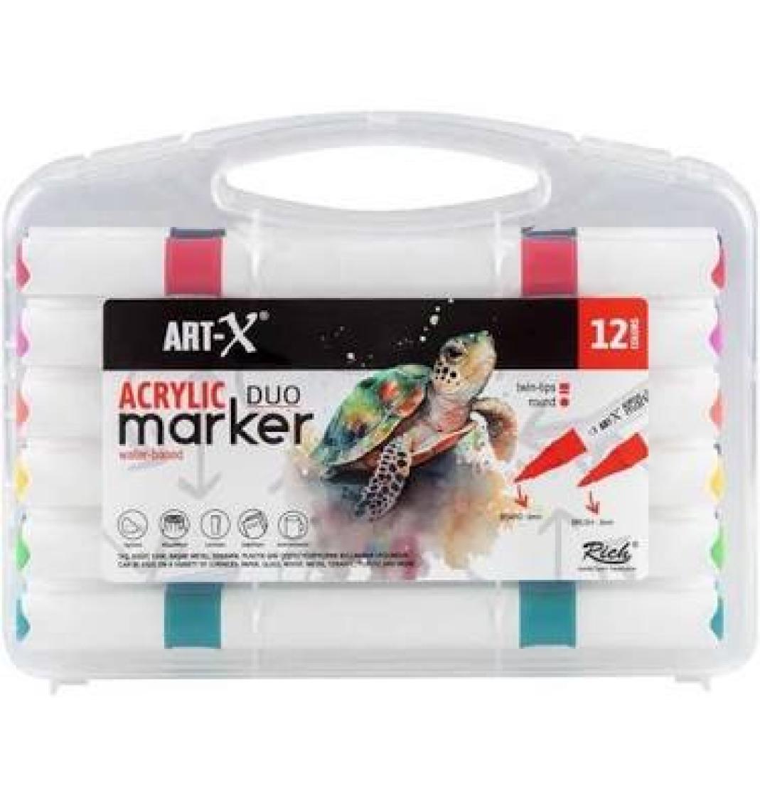 Rich Art-X Acrylic Marker Duo Marker Çift Uçlu Su Bazlı Boyama Kalemi 12 Renk Set