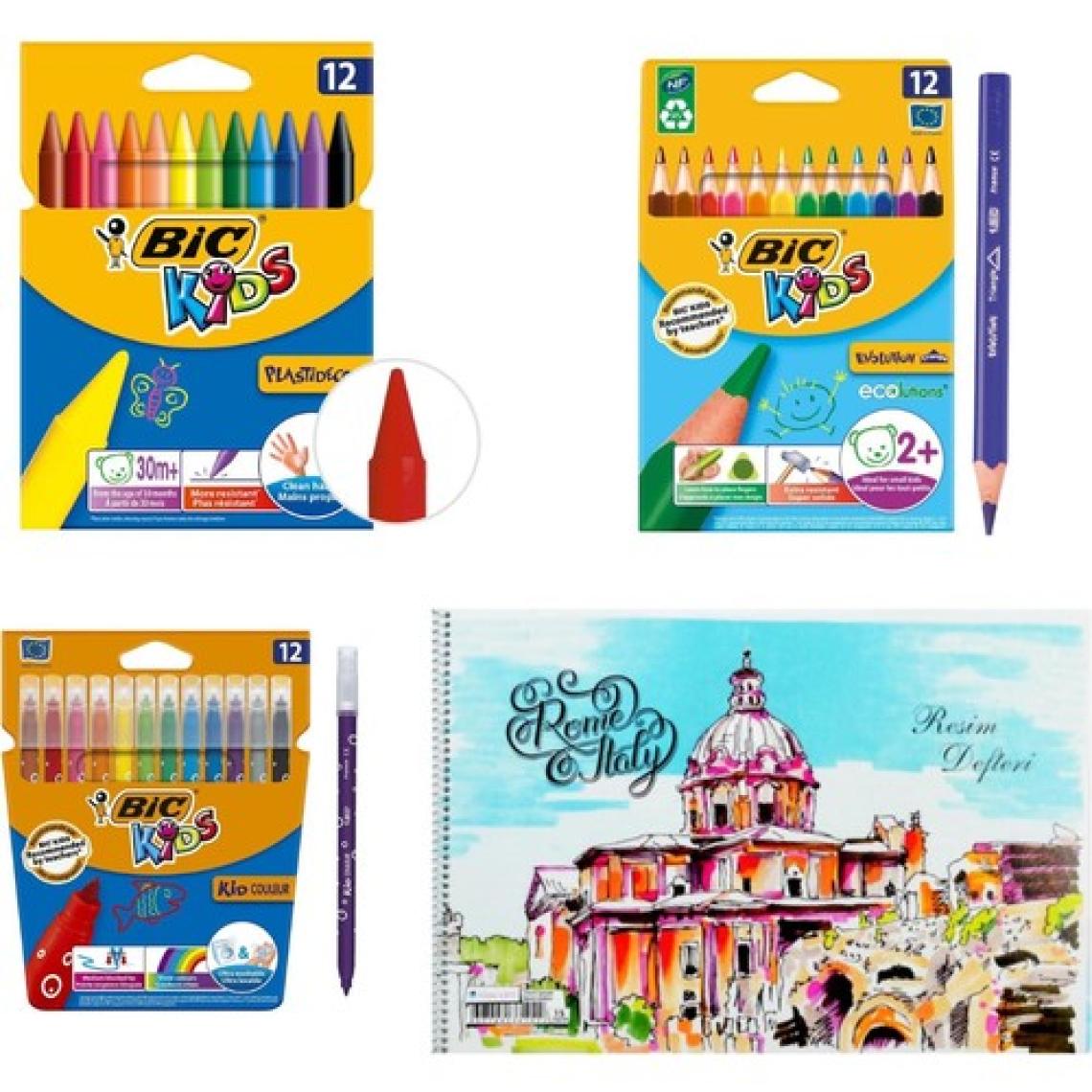 Bic 4 Lü Boyama Seti Jumbo Kuru  Silinebilen Pastel Keçeli Boya  Resim Defteri 35X50