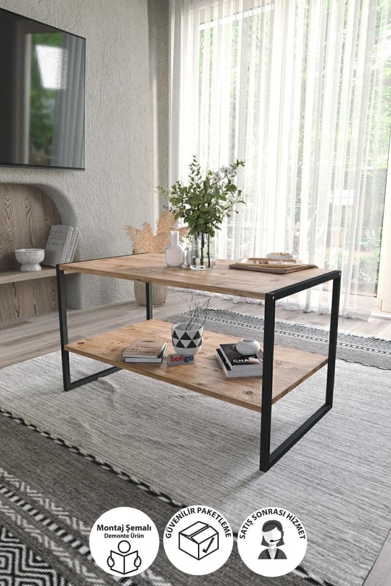 50x90 Metal Orta Sehpa Dikdörtgen Orta Sehpa Raflı Kahve Sehpası Çam