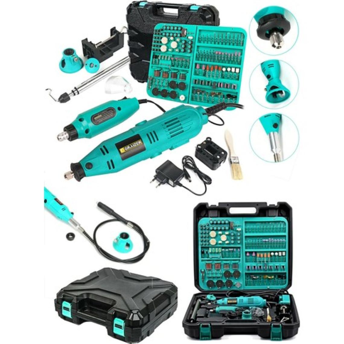 Graizer Alman M-21 400 Watt 352 Parça 60.000 Rpm 6 Kademe Devir Ayarlı Hobi Gravür Seti Mini Taşlama Makinesi Mavi