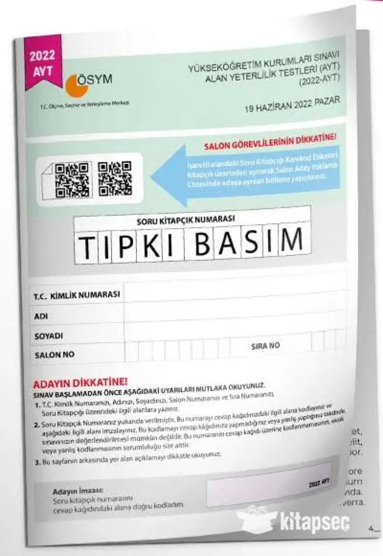 İnformal Yayınları YKS AYT 2022 ÖSYM Tıpkı Basım Çıkmış Soru Türkiye Geneli Dijital Çözümlü Deneme Kitapçığı