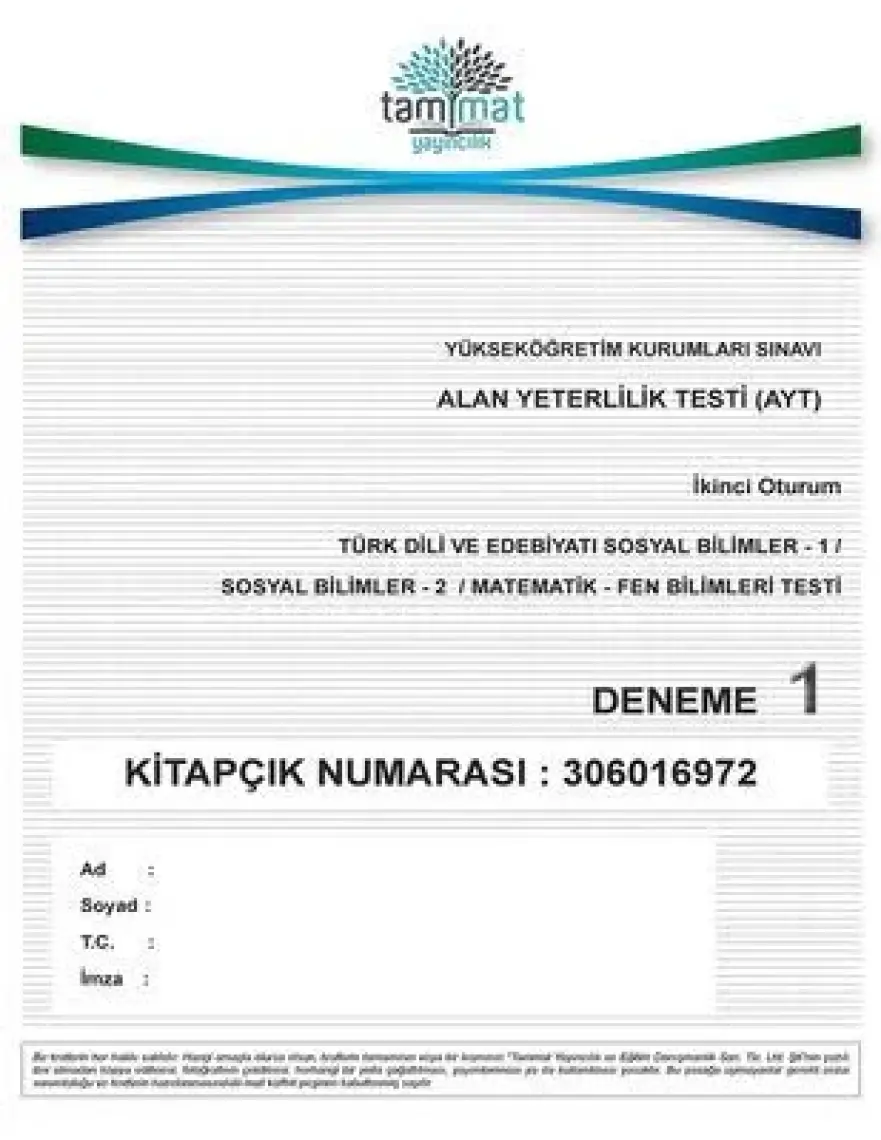 Tammat Yayıncılık AYT Kazanma Refleksi 5'li Deneme Sınavı