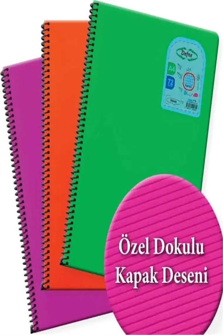 Defne A4 Plastik Kapak Telli Defter 60 Yaprak Dokulu Kapak Çizgili