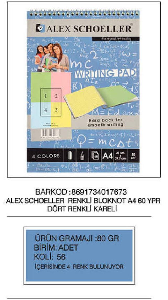 Alex Bloknot A4 80Gr Renkli Kar. 60 Yp Alx-888